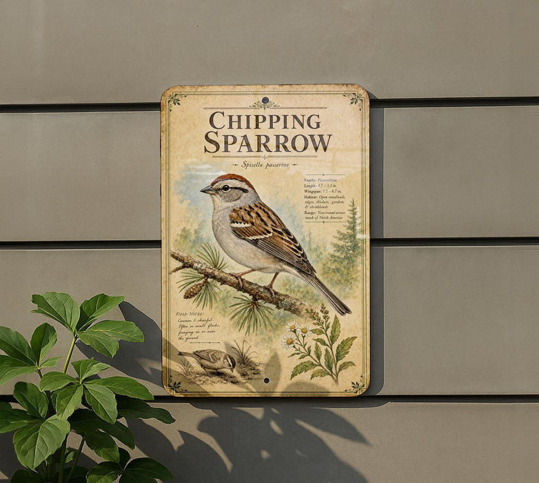 a sign with a detailed illustration of a sparrow perched on a branch, surrounded by various plant life.