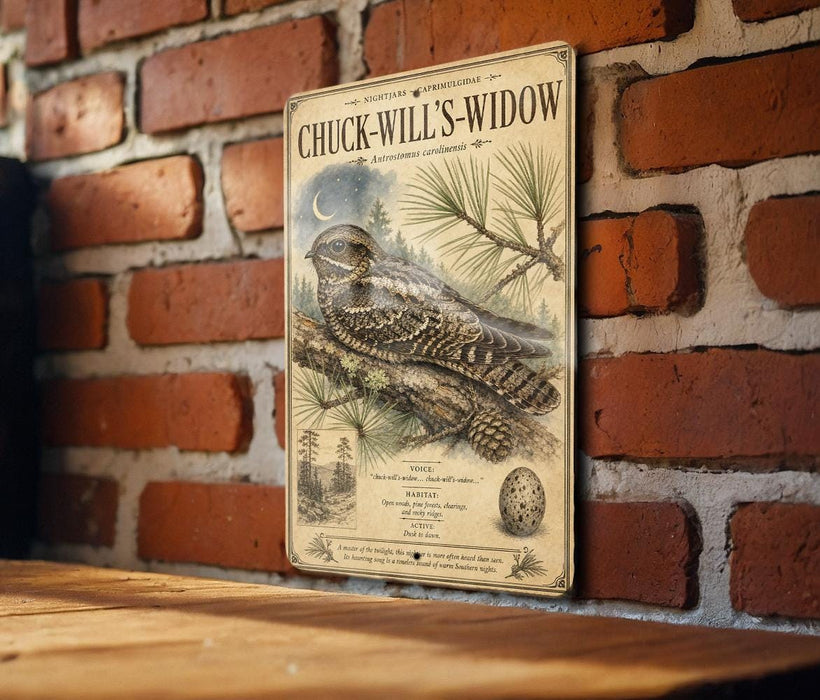 a vintage-style metal sign with a detailed illustration of a bird, likely a woodpecker, perched on a branch. The sign is mounted on a brick wall, and the text on the sign is too small to read clearly.
