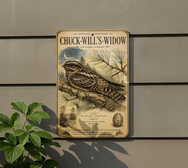 a vintage-style metal sign with an illustration of a bird, likely a woodpecker, perched on a branch. The sign is mounted on a wall and is surrounded by greenery, including a plant.