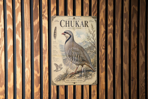 a vintage-style poster of a chukar, a type of bird, displayed on a wooden wall.