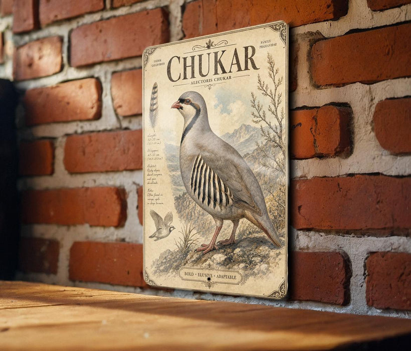 a vintage-style illustration of a chukar, a type of bird, mounted on a brick wall.
