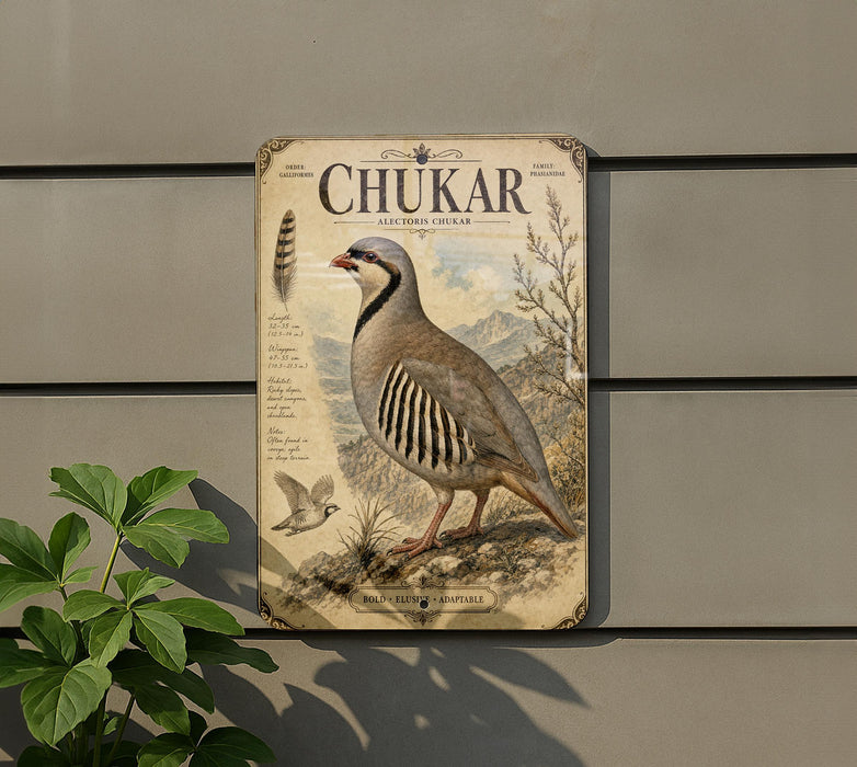 a vintage-style metal plaque with an illustration of a bird, likely a chukar, perched on a rocky outcropping. The plaque is mounted on a wall, and there is a plant visible to the left of the plaque.