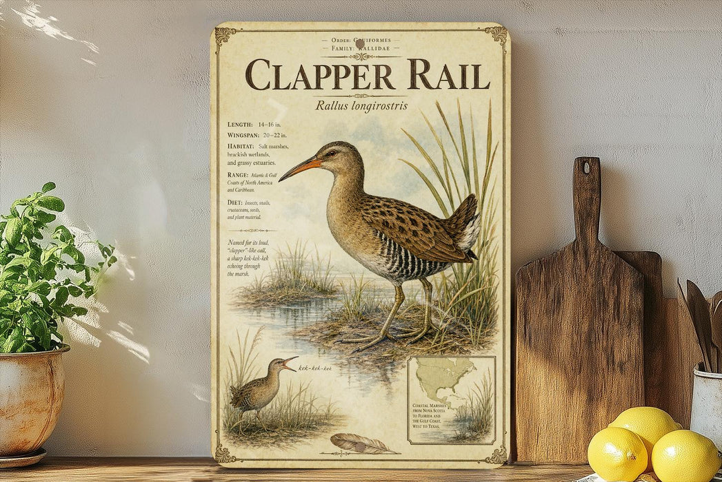 a vintage-style illustration of a Clapper Rail, a type of wading bird, on a shelf with a potted plant and a wooden cutting board nearby.