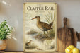 a vintage-style illustration of a Clapper Rail, a type of wading bird, on a shelf with a potted plant and a wooden cutting board nearby.