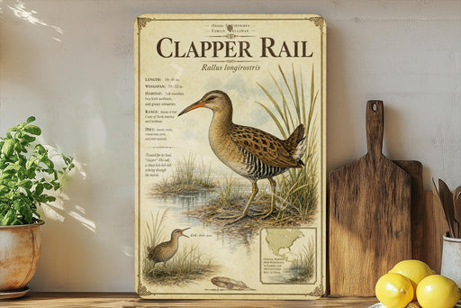 a vintage-style illustration of a Clapper Rail, a type of wading bird, on a shelf with a potted plant and a wooden cutting board nearby.