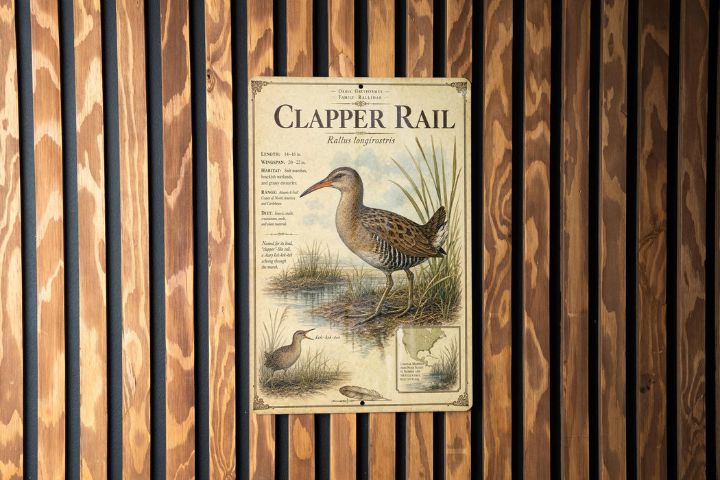 a vintage-style poster of a Clapper Rail bird, which is a type of wading bird that lives in wetland areas. The poster is mounted on a wooden wall and includes a detailed illustration of the bird and its natural habitat.