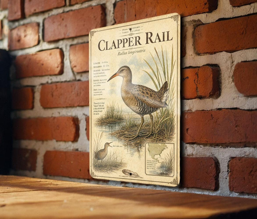 a vintage-style illustration of a Clapper Rail, a type of wading bird, on a brick wall.