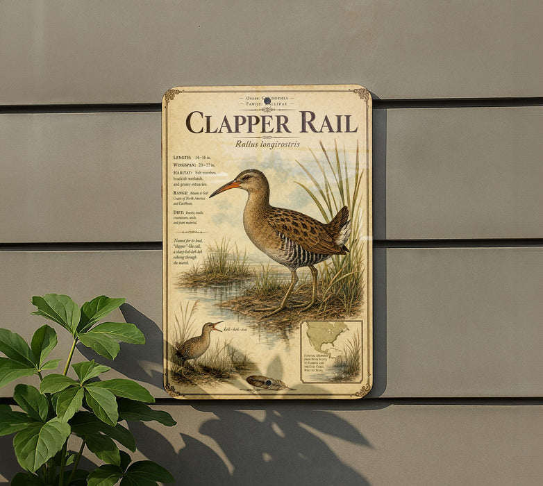 a metal sign with a bird illustration, mounted on a wall next to a plant.