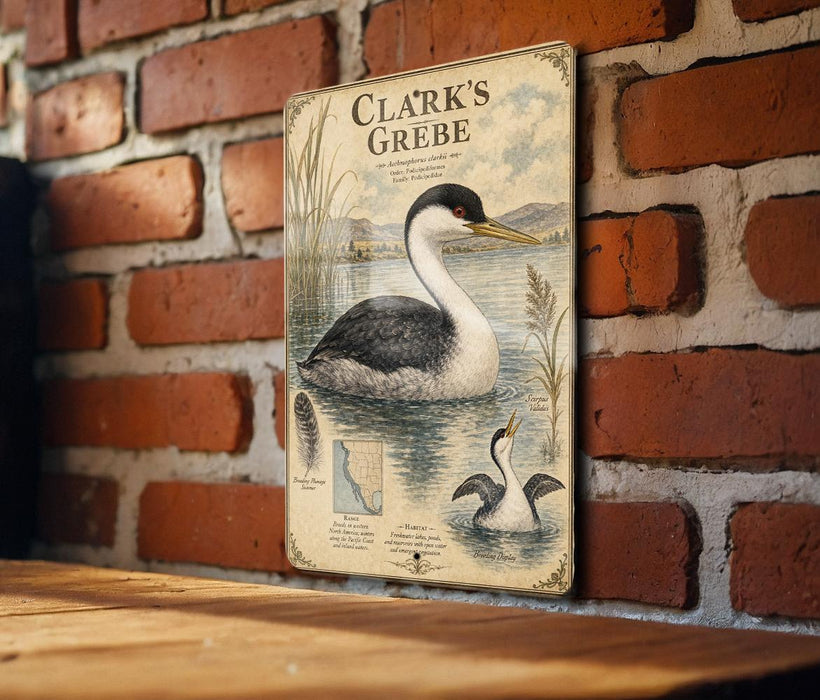 A vintage-style illustration of a bird, likely a waterfowl, is displayed on a brick wall.