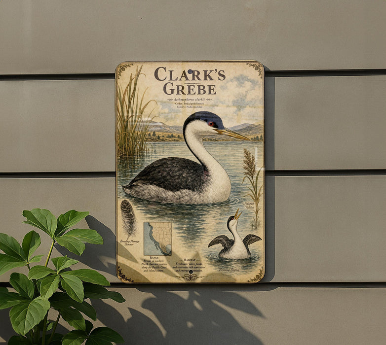 A vintage-style metal sign with a detailed illustration of a bird, likely a heron or egret, in a natural setting.