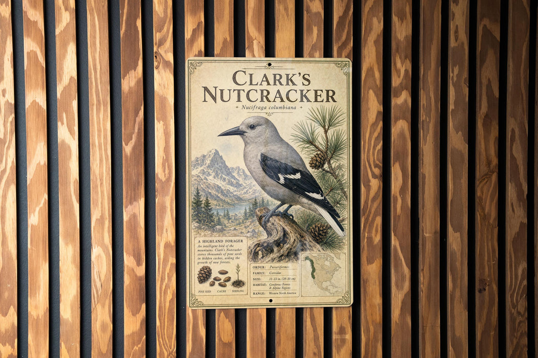 A metal sign with a bird illustration and text, mounted on a wooden wall.