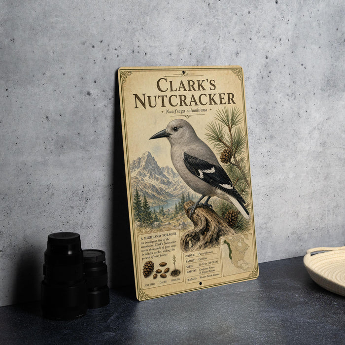 A vintage-style metal sign titled " Clark's Nutcracker" featuring an illustration of a bird perched on a tree branch with pine cones and mountains in the background.