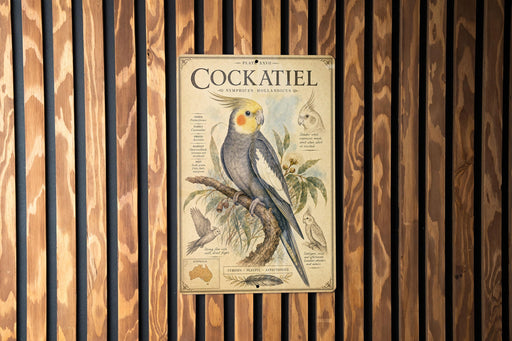 A vintage-style poster of a Cockatiel, a small parrot, is displayed on a wooden wall.