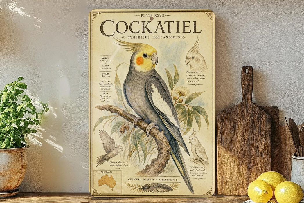a vintage-style poster of a Cockatiel, a small parrot, displayed on a shelf next to a wooden cutting board and some lemons.