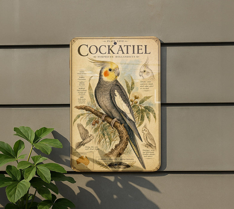 a vintage-style metal sign with illustrations and text, mounted on a wall next to a plant.