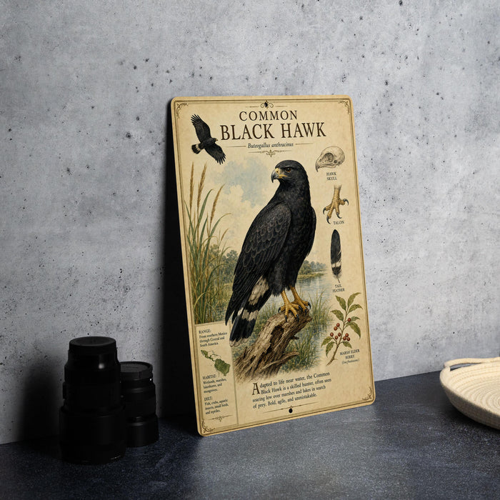 a vintage-style illustration of a black hawk, accompanied by various bird illustrations and text, all set against a natural background.