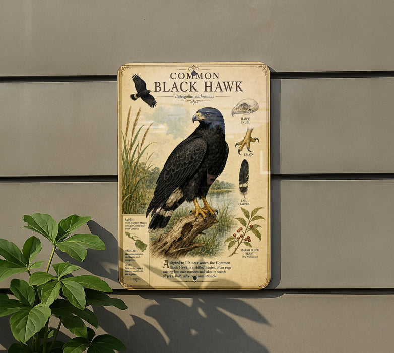 a vintage-style metal plaque with an illustration of a black hawk, surrounded by various bird species and natural elements.