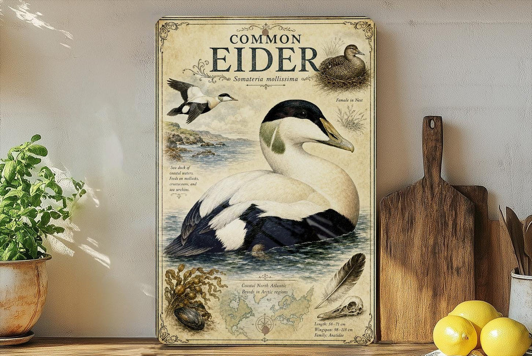a vintage-style poster of a Common Eider, a type of sea bird, displayed on a wall. The poster includes illustrations of the bird in flight, resting, and swimming, along with text providing information about the species.