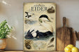 a vintage-style poster of a Common Eider, a type of sea bird, displayed on a wall. The poster includes illustrations of the bird in flight, resting, and swimming, along with text providing information about the species.
