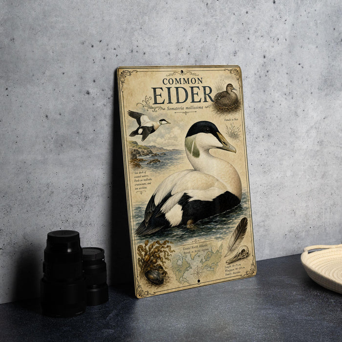 a vintage-style metal sign with illustrations of ducks and other wildlife, placed on a countertop next to some black camera lenses.