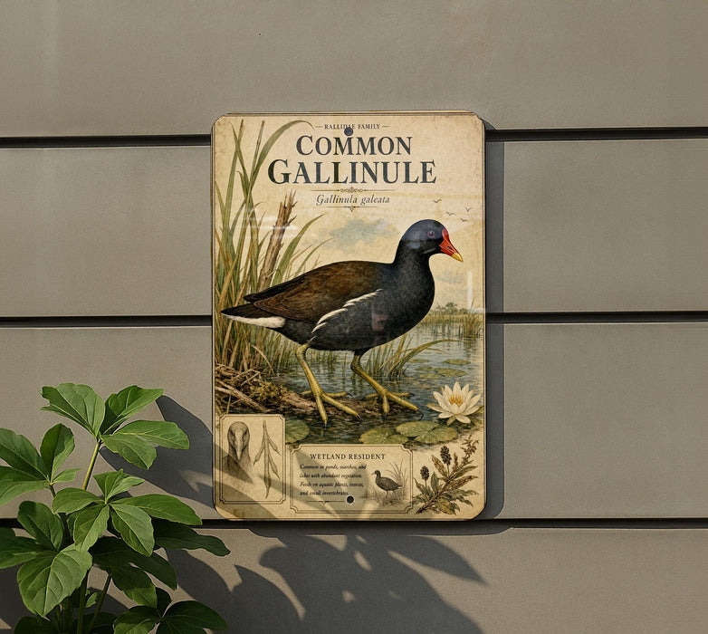 a sign with a detailed illustration of a Common Gallinule, a type of water bird, standing on a pond with reeds and a water lily.