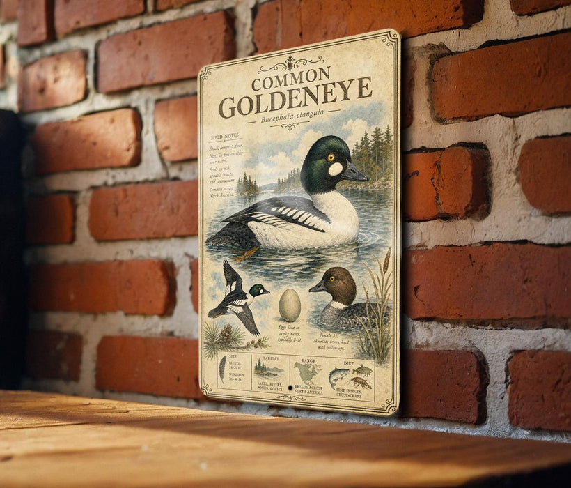 a vintage-style illustration of a Common Eye duck on a brick wall, accompanied by various bird illustrations and text.