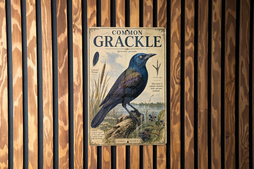 a vintage-style illustration of a blue bird perched on a rock, surrounded by plants and a body of water.
