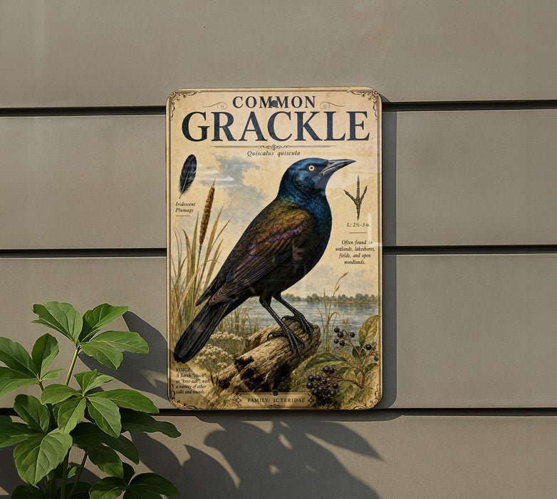 a vintage-style metal sign with a detailed illustration of a Common Grackle bird, mounted on a wall.