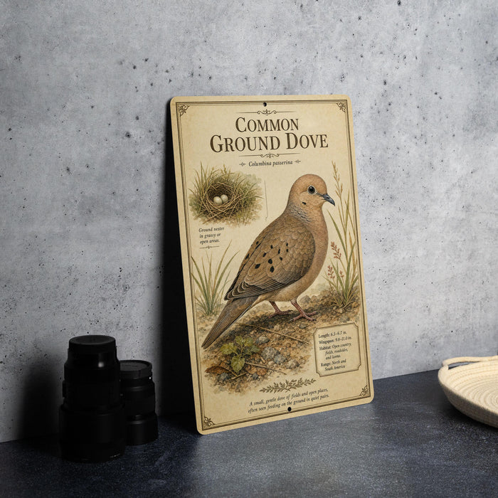 a vintage-style illustration of a ground dove, accompanied by text and a detailed illustration of the bird's nest.