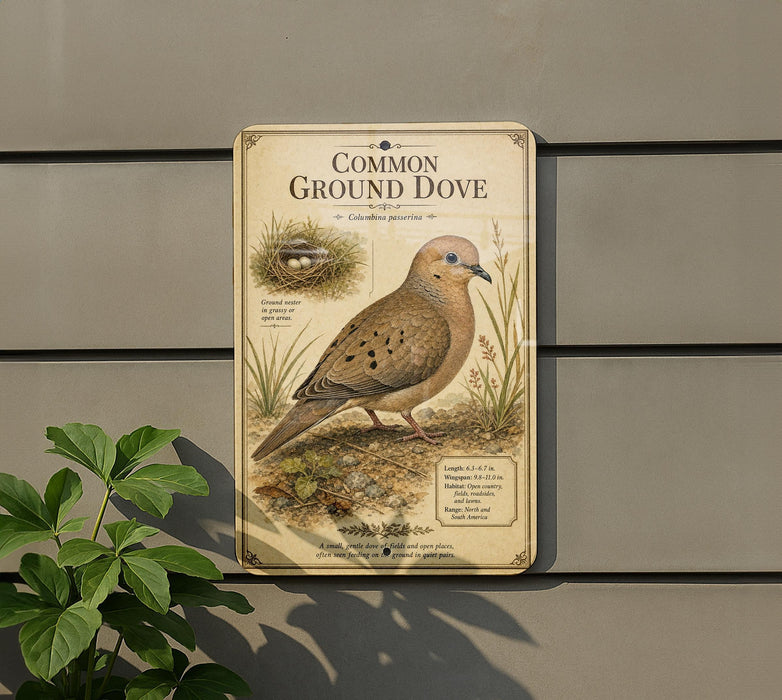 a metal sign with a detailed illustration of a ground dove, mounted on a wall.