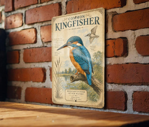 A vintage-style metal sign featuring an illustration of a kingfisher bird perched on a branch, with text describing the bird as a "Common Kingfisher" and a "Brilliant Hunter of the Water".