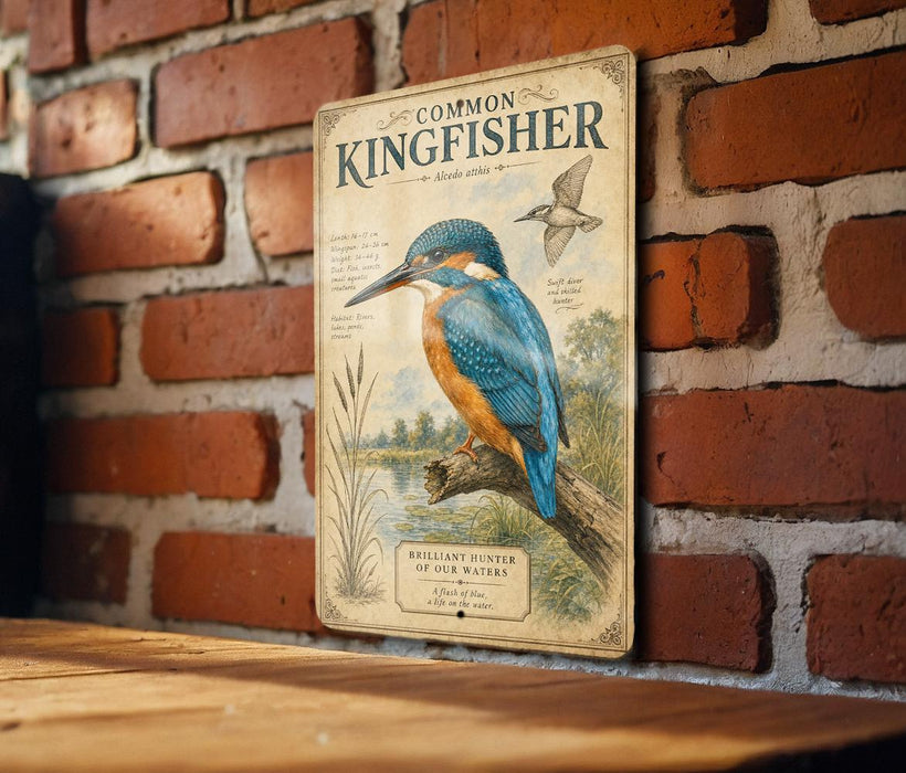 A vintage-style metal sign featuring an illustration of a kingfisher bird perched on a branch, with text describing the bird as a "Common Kingfisher" and a "Brilliant Hunter of the Water".