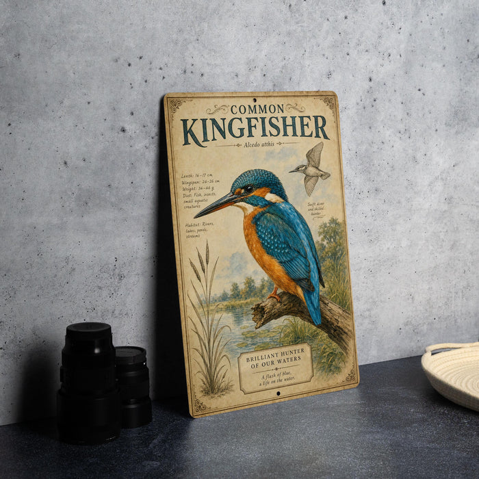a metal sign with a detailed illustration of a kingfisher bird, accompanied by text that describes the bird's features and habitat.