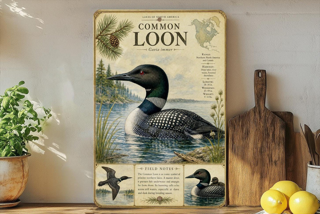 a picture of a common loon on a shelf