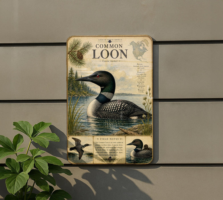 a vintage-style sign depicting a loon, a bird often found in lakes and rivers in North America. The sign is mounted on a wall and includes illustrations of the bird and its natural habitat.