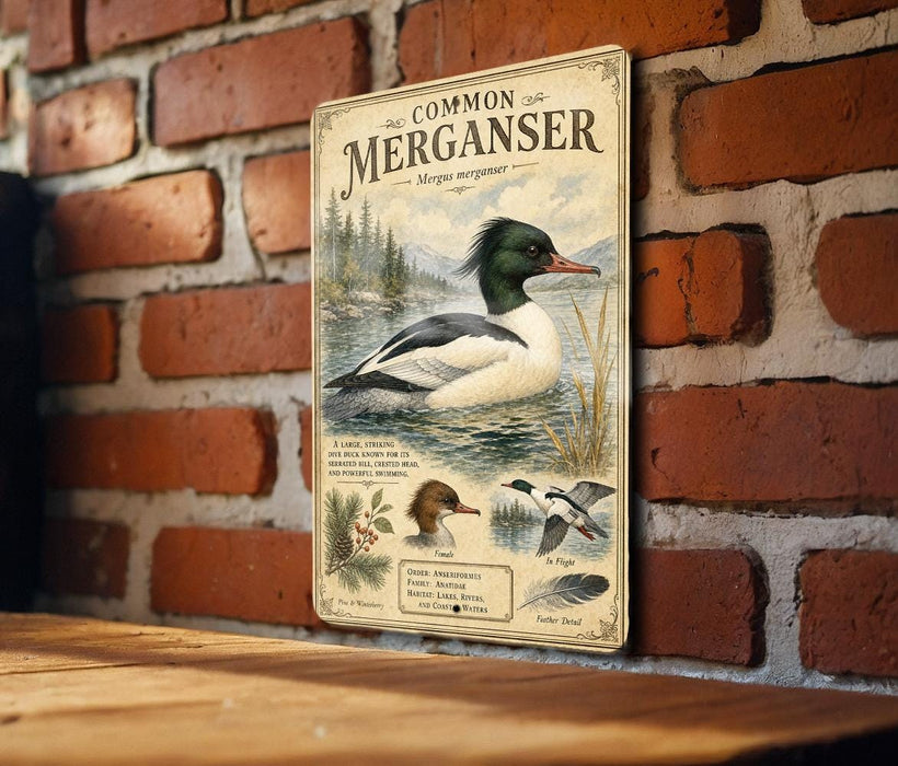 A vintage metal sign featuring a duck illustration and text, mounted on a brick wall.