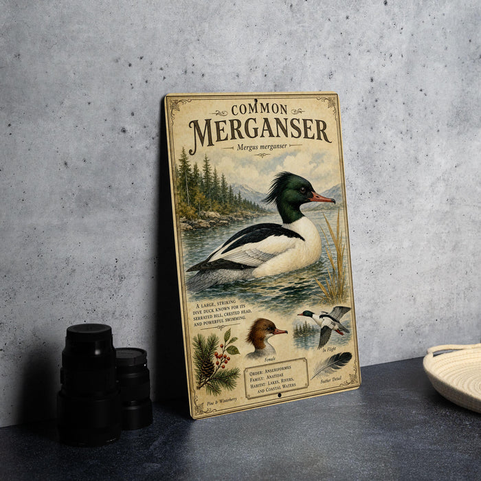 A vintage-style metal plaque featuring illustrations and text about the Common Merganser, a type of duck.