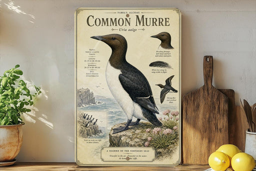 The image is a poster or illustration of a Common Murre, a type of sea bird, featuring detailed illustrations and text about the bird's appearance, habitat, and behavior.