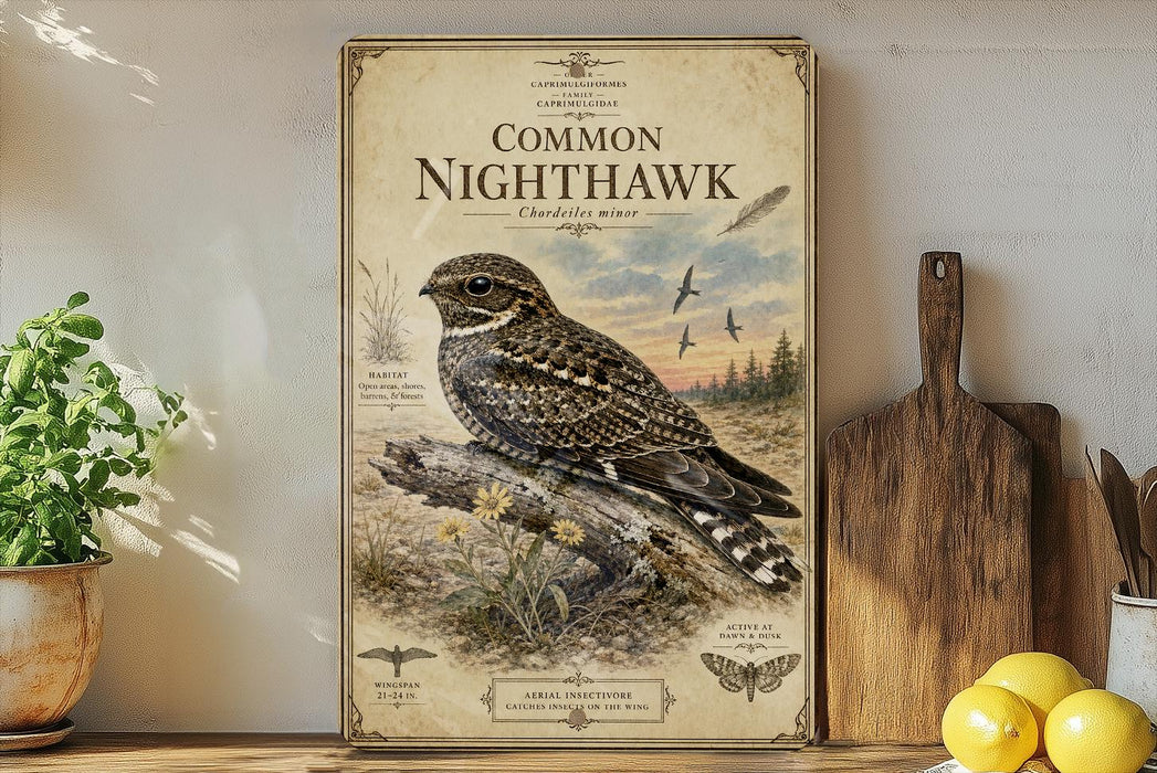 a poster of a Common Night Hawk, a bird of prey, perched on a branch with a detailed illustration of the bird and its natural habitat.