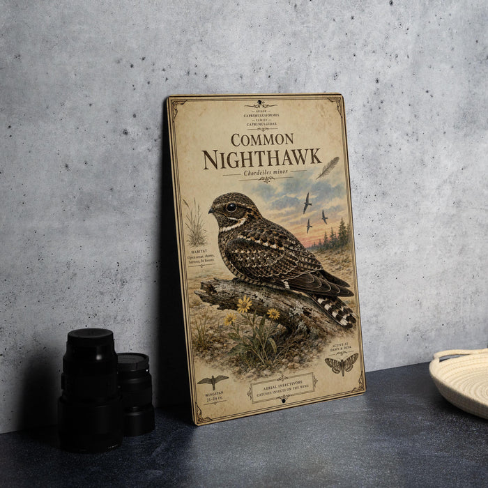 a poster of a Common Night hawk, a bird of prey, sitting on a branch with a detailed illustration of the bird and its natural habitat.