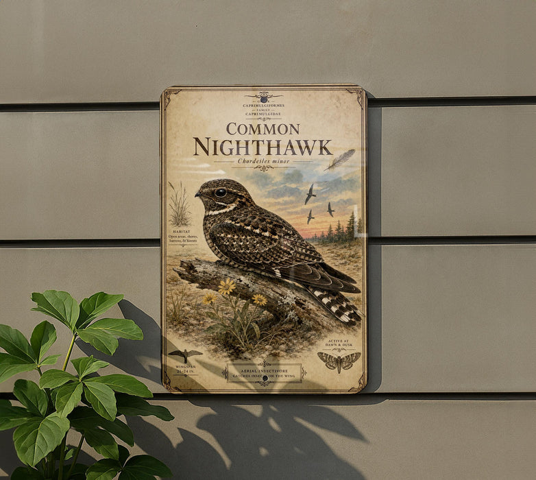 a metal sign with a detailed illustration of a Common Night Hawk perched on a branch, surrounded by various wildlife elements such as butterflies and birds.