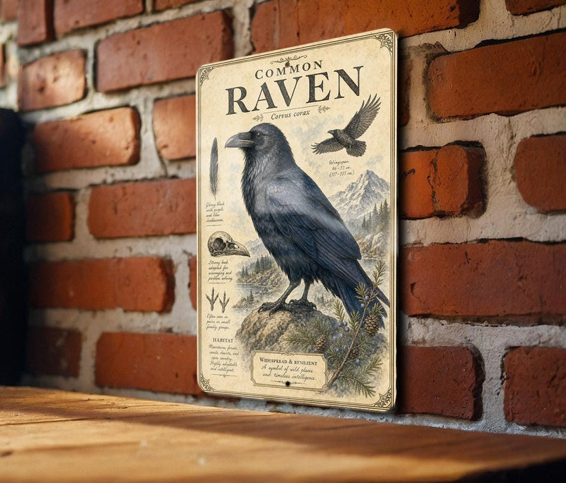 a vintage-style metal sign with a black raven illustration and various bird-related text and graphics, mounted on a brick wall.