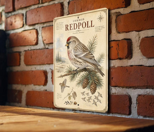 a vintage-style metal sign with a bird illustration and botanical illustrations, mounted on a brick wall.