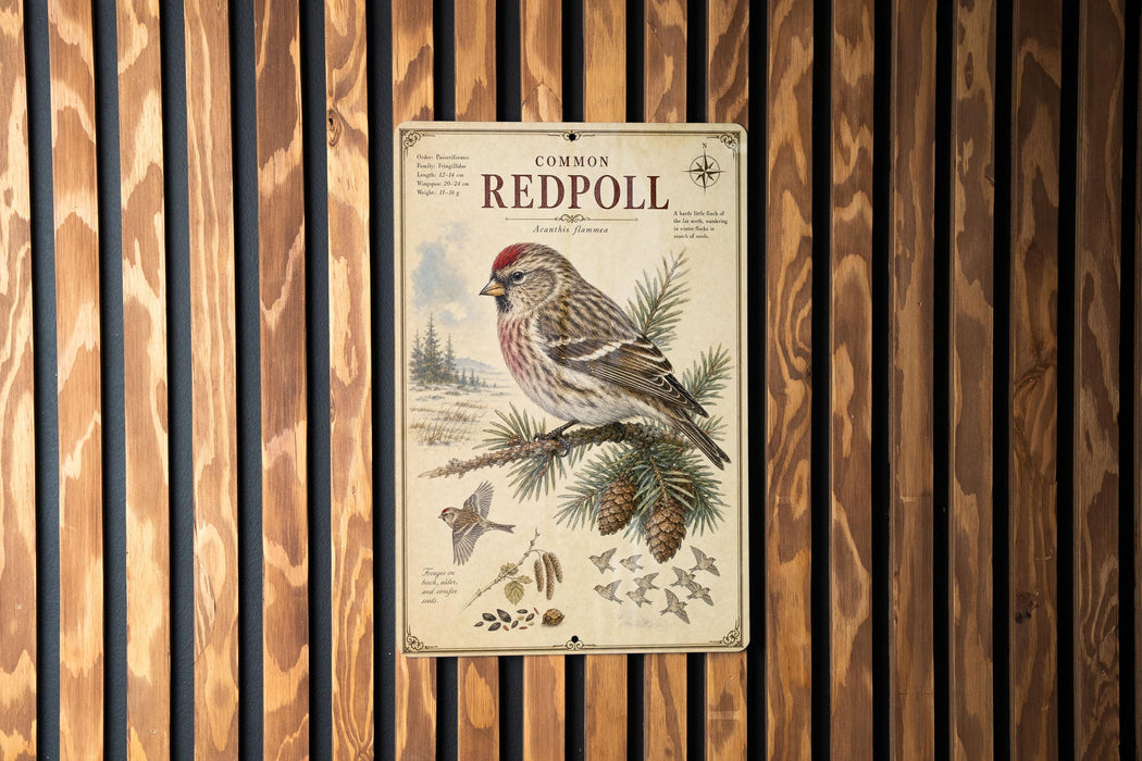 a vintage-style sign with a bird illustration and various bird-related illustrations and text, mounted on a wooden wall.