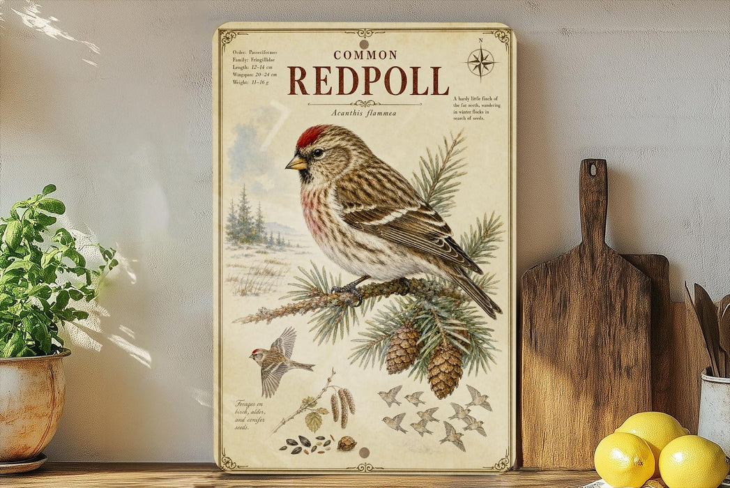 a vintage-style poster of a Common Redpoll bird perched on a pine branch, surrounded by pine cones and other natural elements. The poster is displayed on a shelf next to a wooden cutting board and a potted plant.