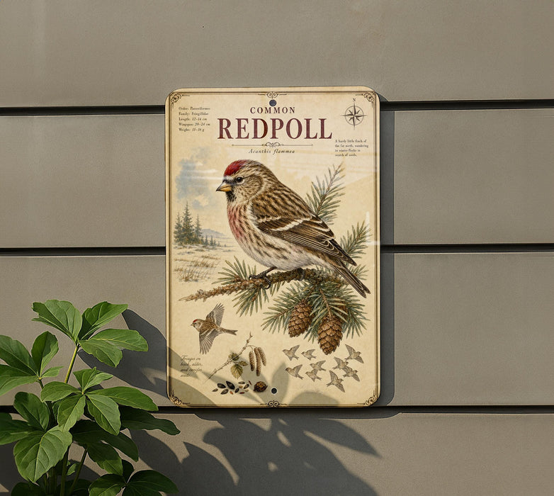 a vintage-style metal sign with a bird illustration, mounted on a wall next to a plant.