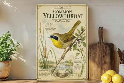 a vintage-style illustration of a yellowthroat bird, with a wooden board displaying the bird's scientific name and other details. The bird is perched on a branch with reeds, and there are some lemons and a potted plant visible in the background.