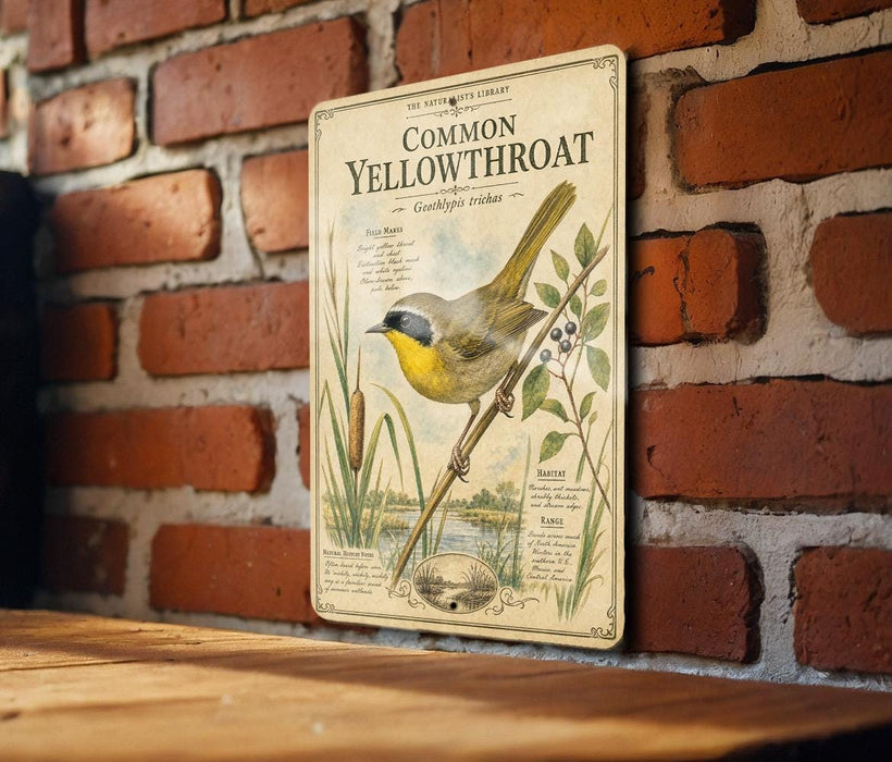 a vintage-style illustration of a yellowthroat bird perched on a branch, with detailed botanical illustrations and text providing information about the bird and its habitat.