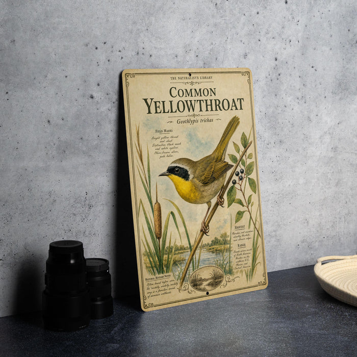 a vintage-style illustration of a yellowthroat bird perched on a branch, surrounded by illustrations of plants and a body of water.