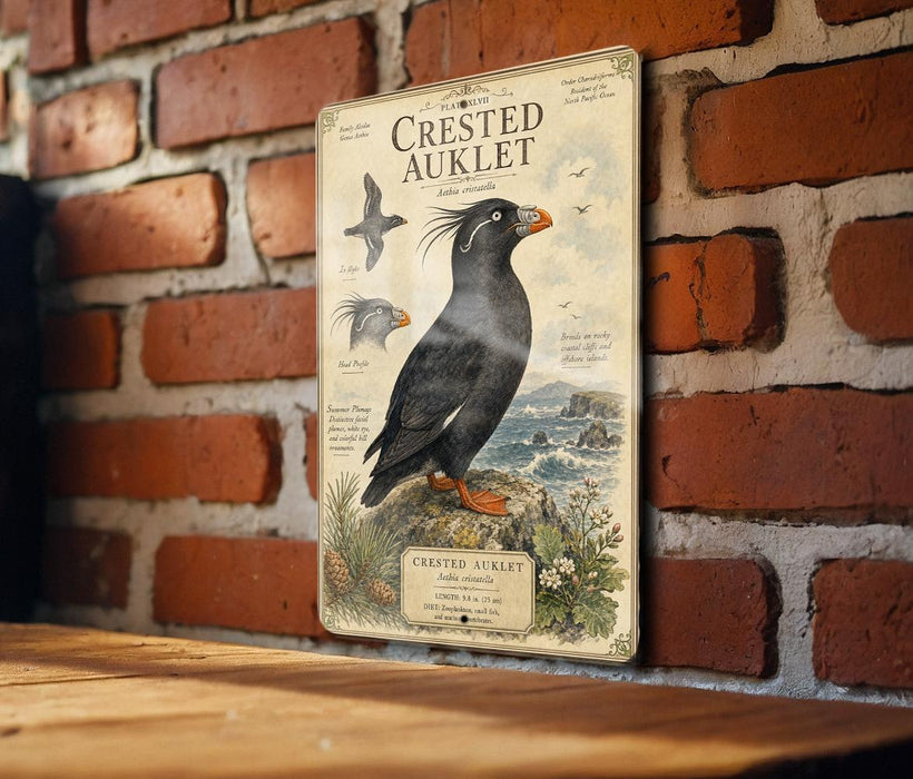 a vintage-style metal sign with a black bird illustration, mounted on a brick wall.